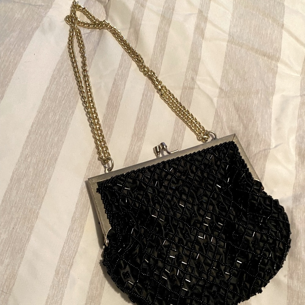 Cute, small black sequin purse with gold chain strap